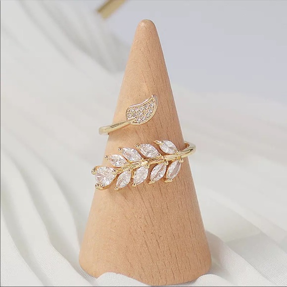 14K Gold Plated Diamond Leaf Ring - Picture 3 of 9